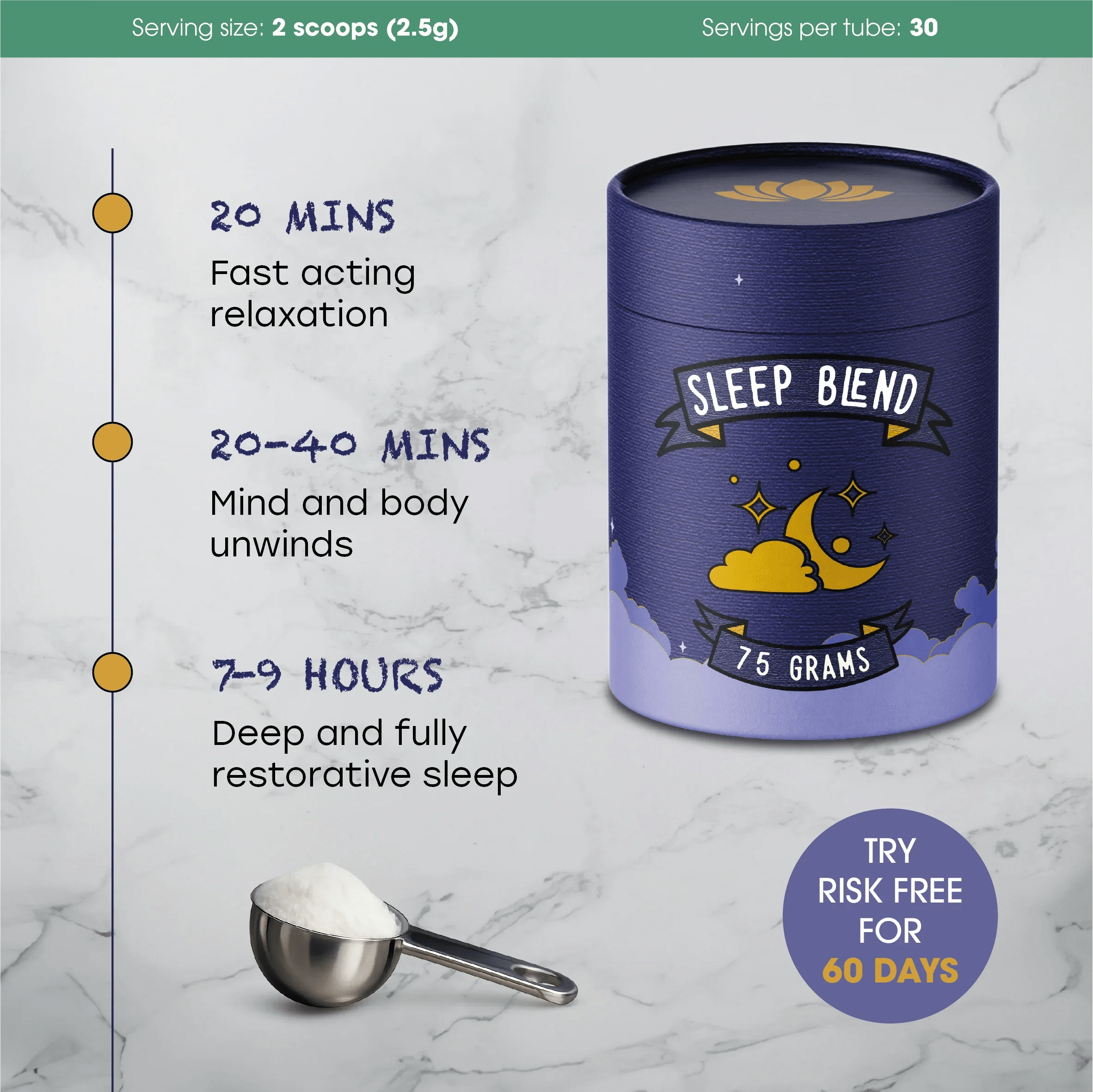 Sleep Blend supplement with fast-acting relaxation, deep restorative sleep, and 75 grams in a purple tube