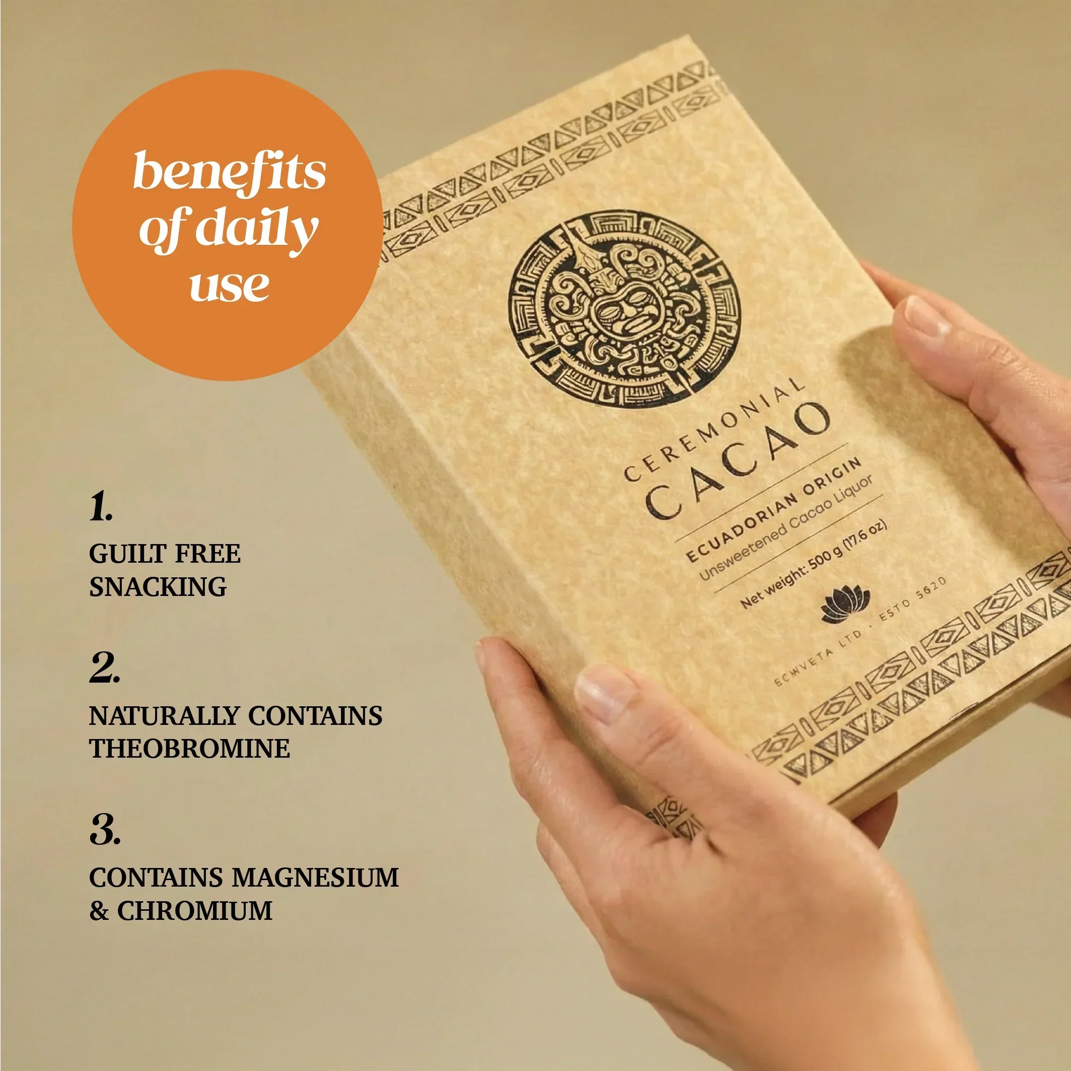 Ceremonial cacao box highlighting daily benefits, magnesium, chromium, and theobromine for health and wellness