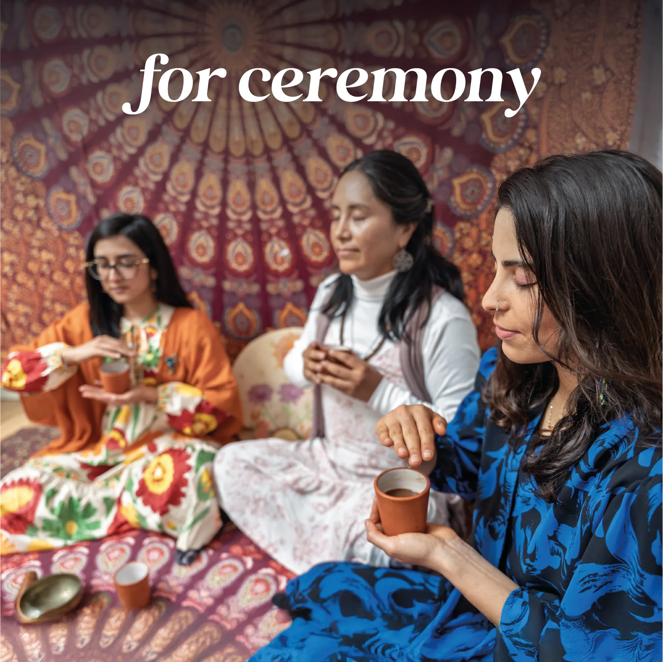 Women in ceremonial cacao ritual with lion's mane, cordyceps, ginkgo biloba supplements for spiritual wellness