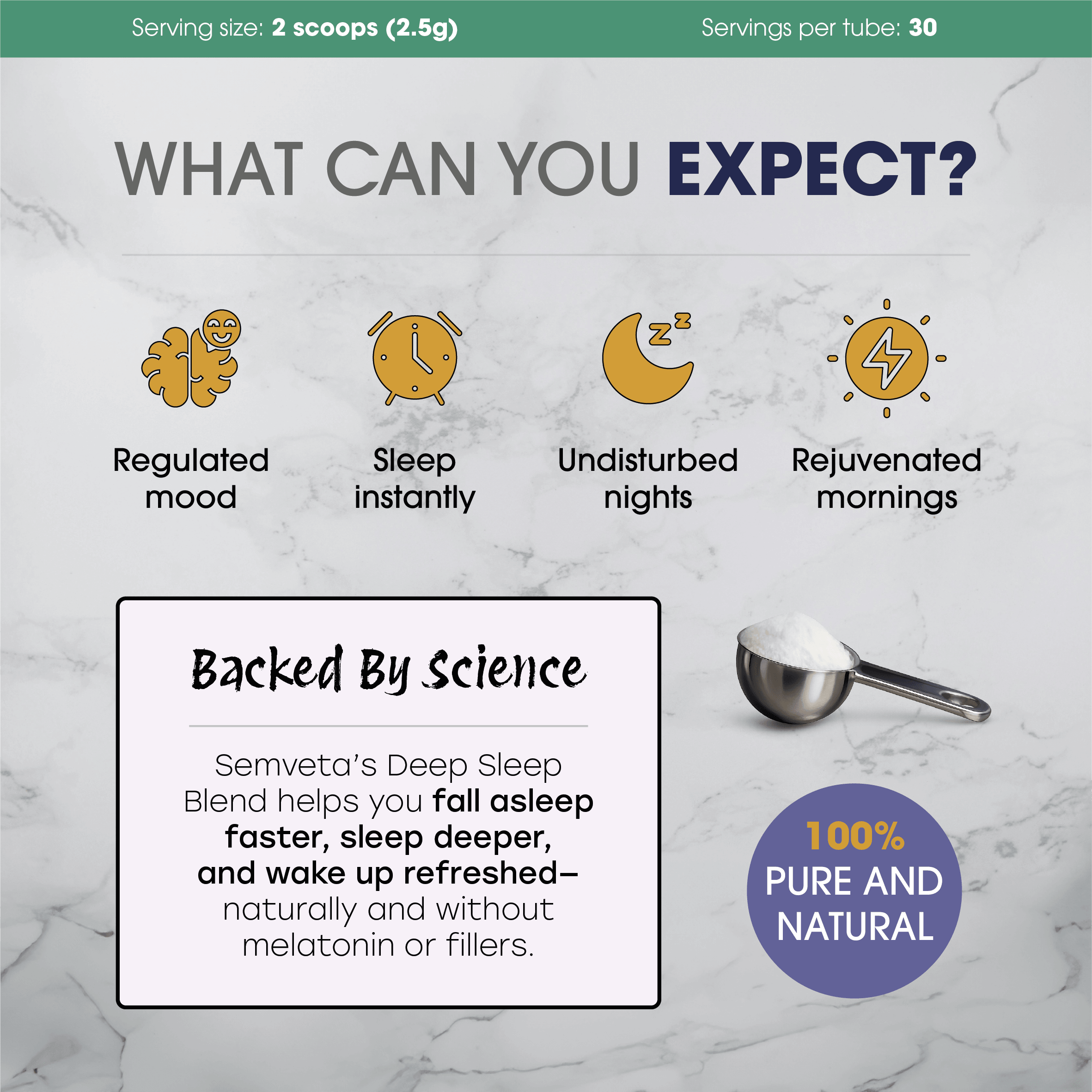 Sleep supplement benefits: regulated mood, instant sleep, undisturbed nights, rejuvenated mornings. Pure natural blend.