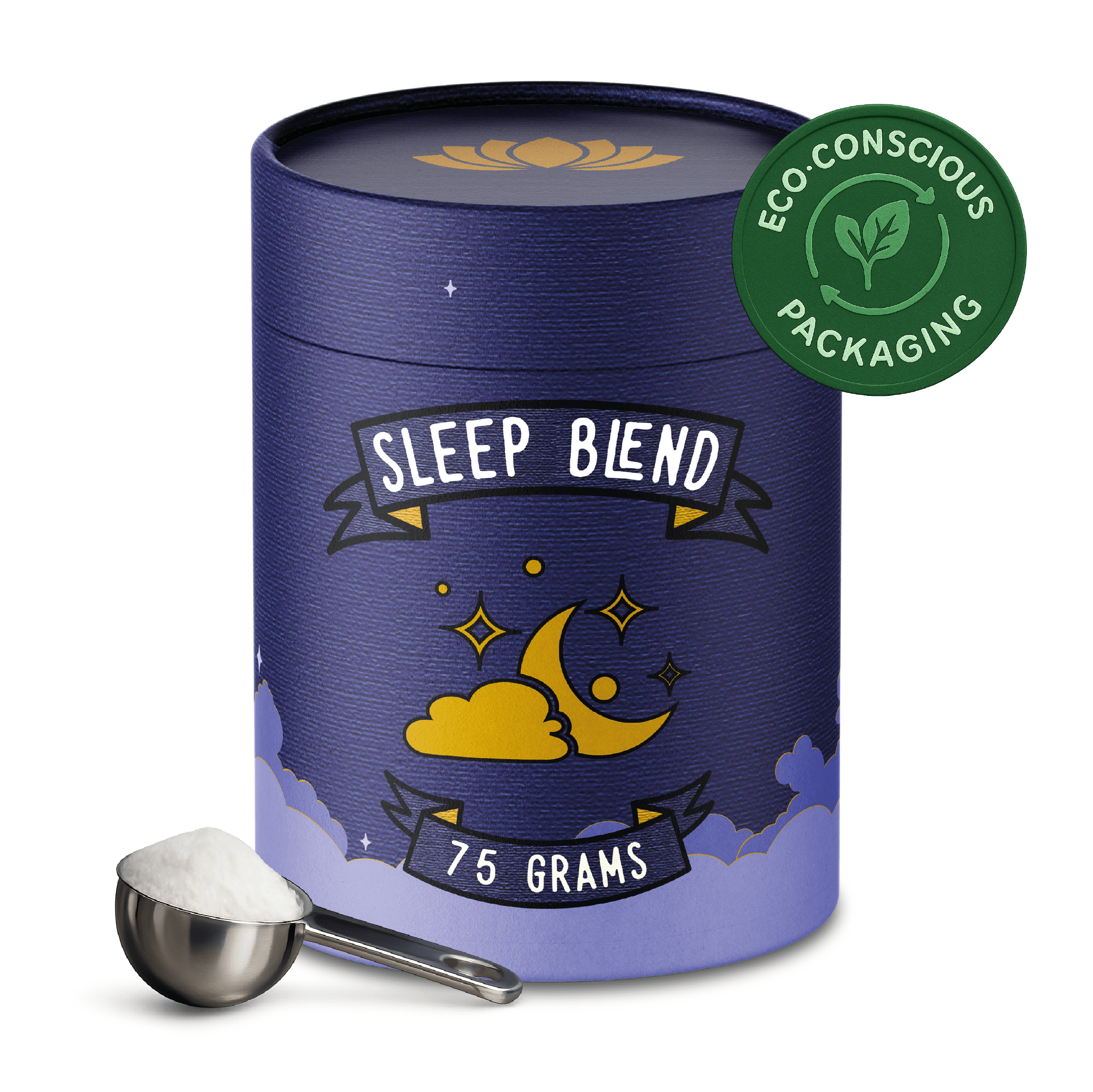 Blue cylindrical container labeled 'Sleep Blend' with moon and cloud design on a white background