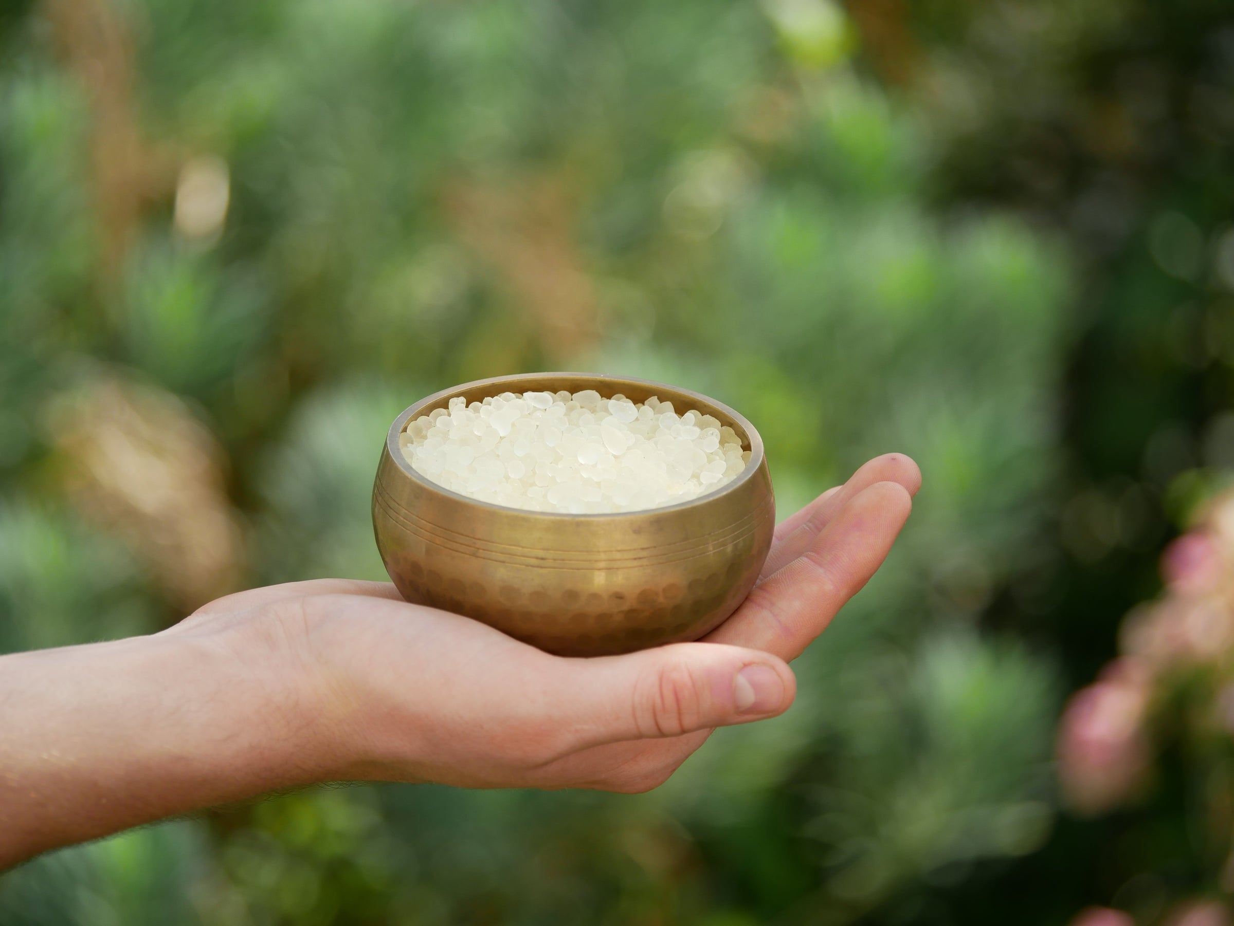 Hand holding brass bowl of white pellets for health supplements, natural wellness, and spiritual practices