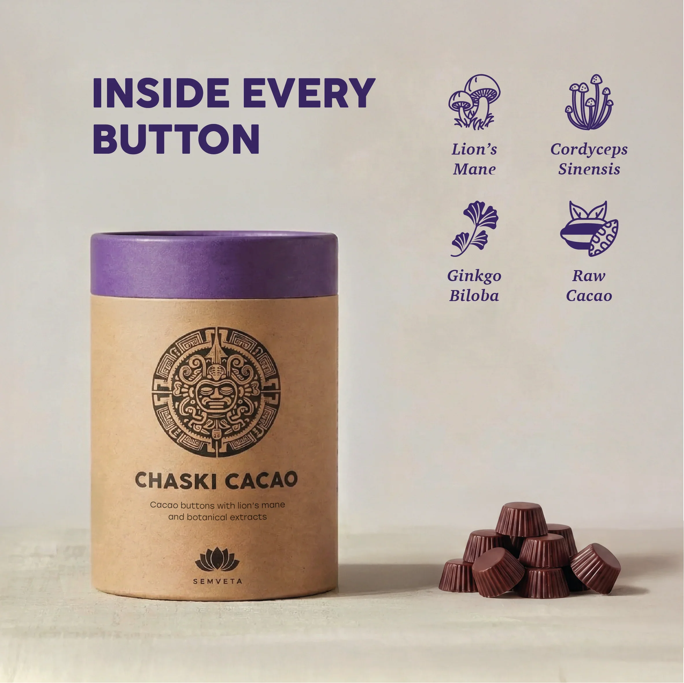Chaski Cacao buttons with lion's mane, cordyceps, ginkgo biloba, and raw cacao for spiritual health