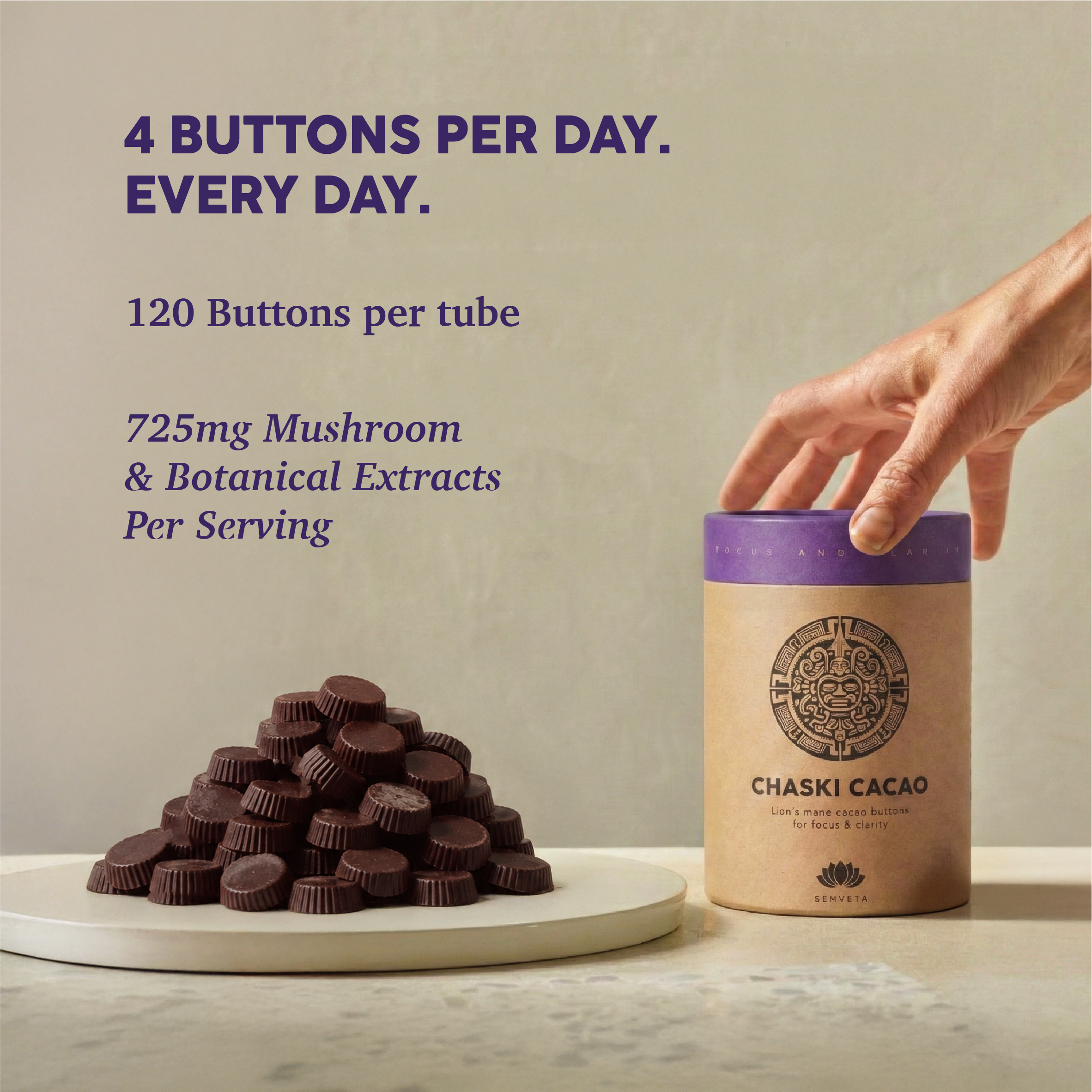 Chaski Cacao product with chocolate buttons and text about daily intake and ingredients.