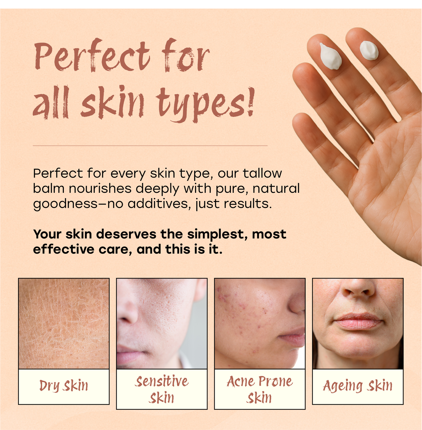Advertisement for a tallow balm with text and images of skin types.