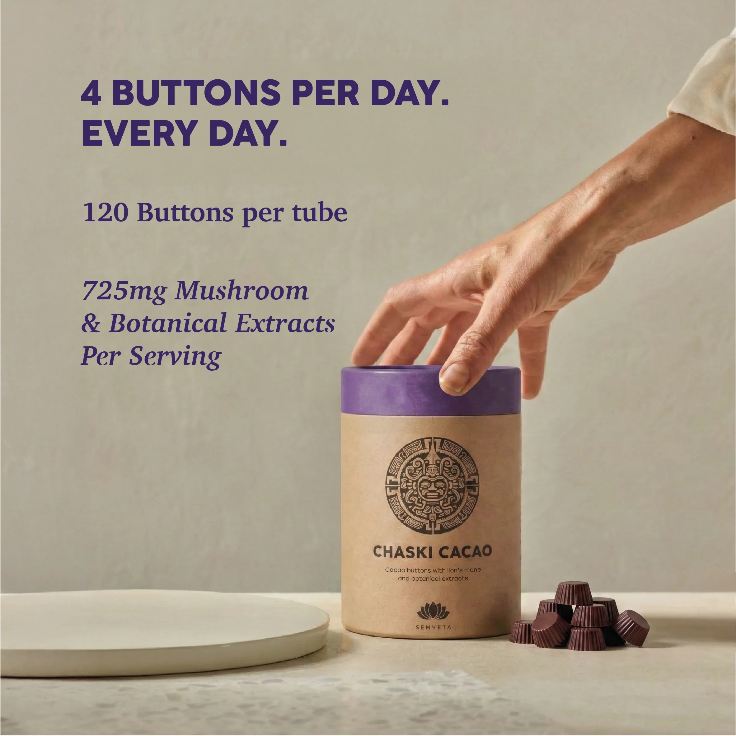 Chaski Cacao buttons with lion's mane mushroom, ceremonial cacao, and botanical extracts for daily health supplements