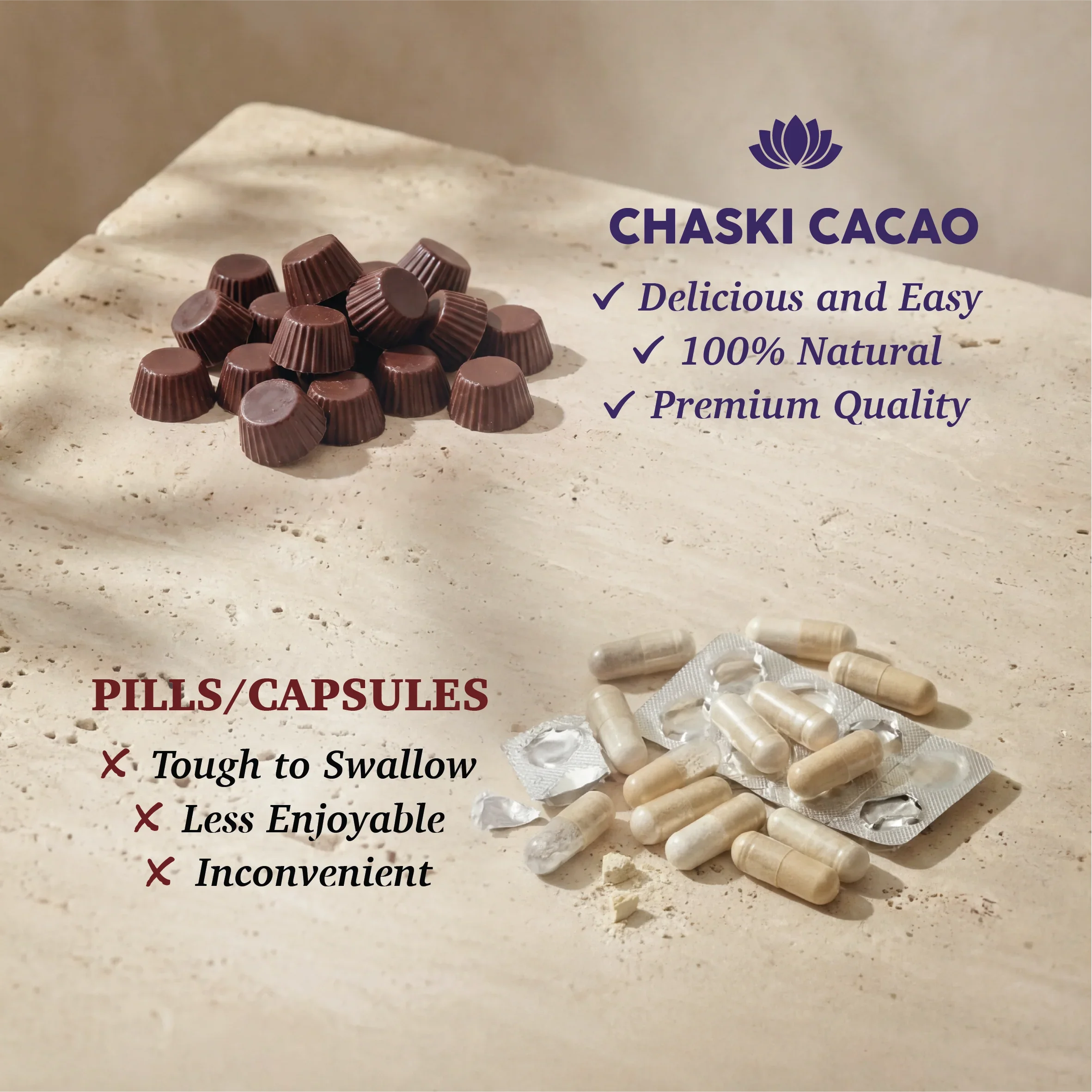 Chaski Cacao chocolate supplements vs pills, natural health boost with lion's mane, cordyceps, ginkgo biloba