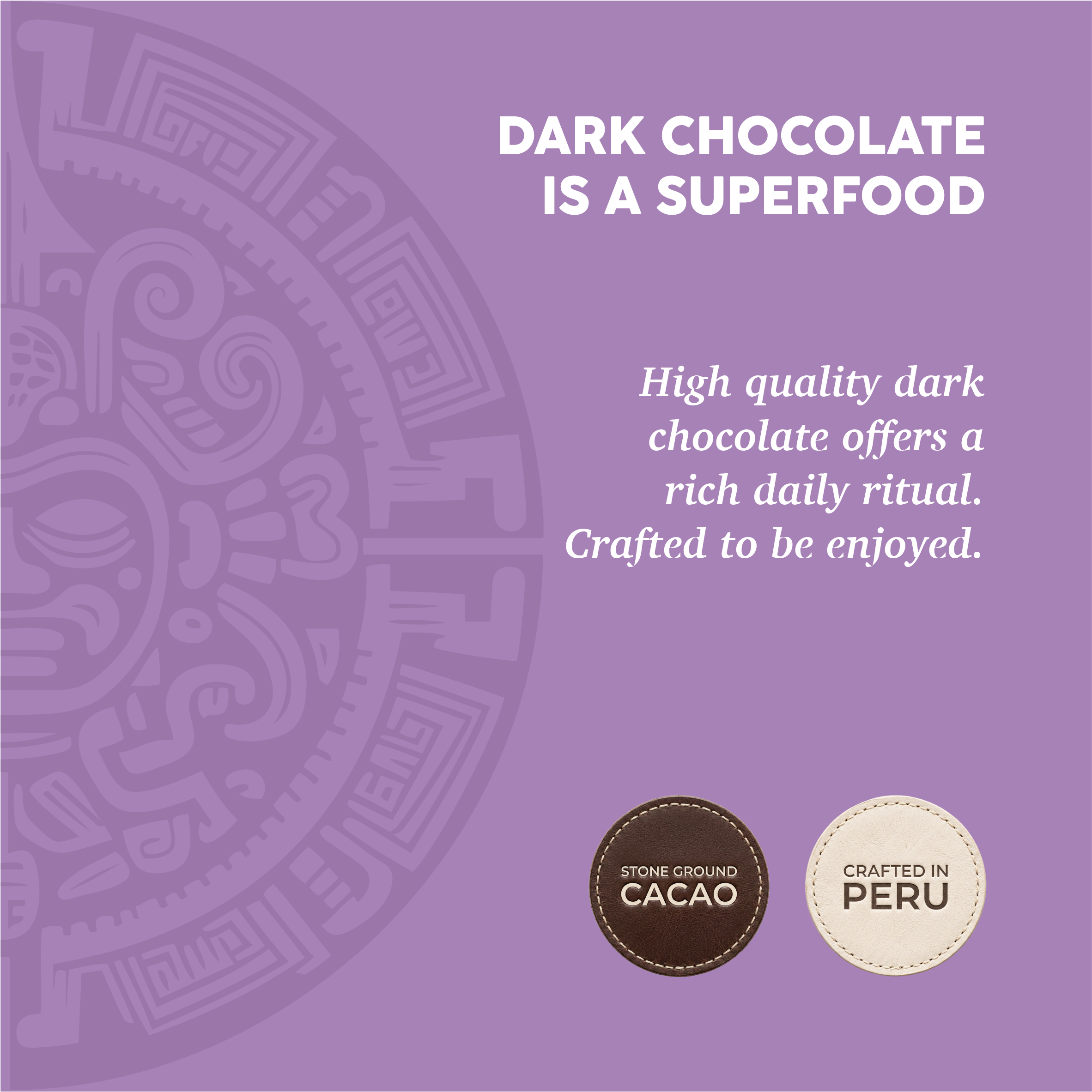 Promotional graphic for dark chocolate with text and logos on a purple background