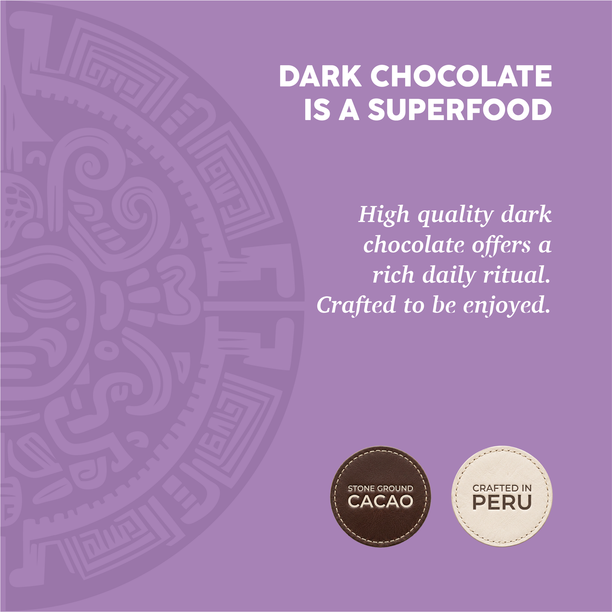 Promotional graphic for dark chocolate with text and logos on a purple background