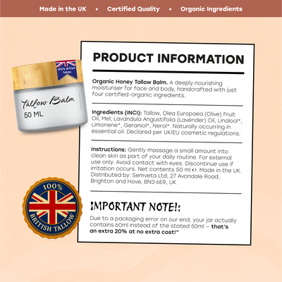 Tallow Balm jar with product information on a beige background