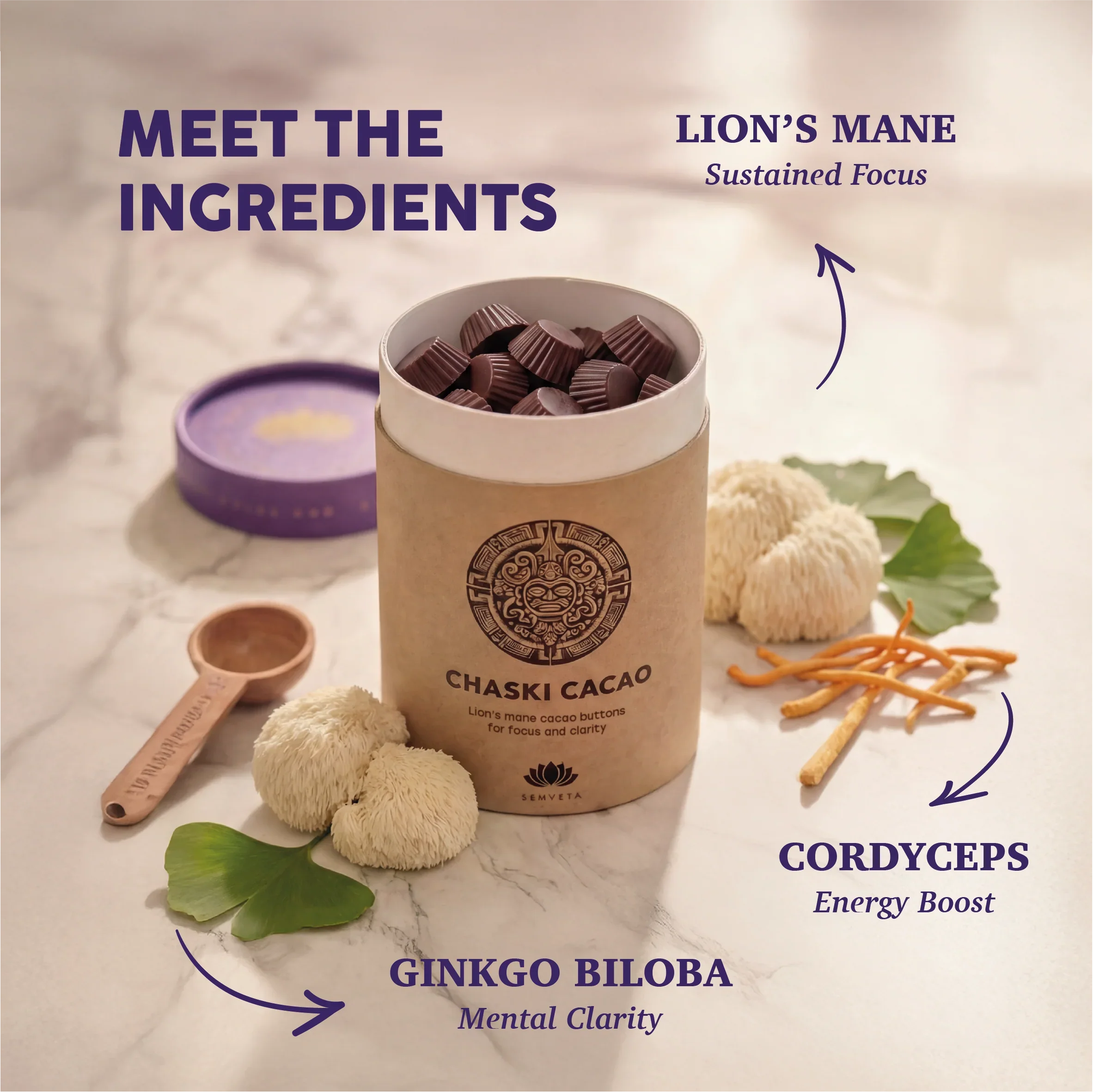 Lion's Mane, Cordyceps & Ginkgo Biloba cacao buttons for focus, energy, mental clarity