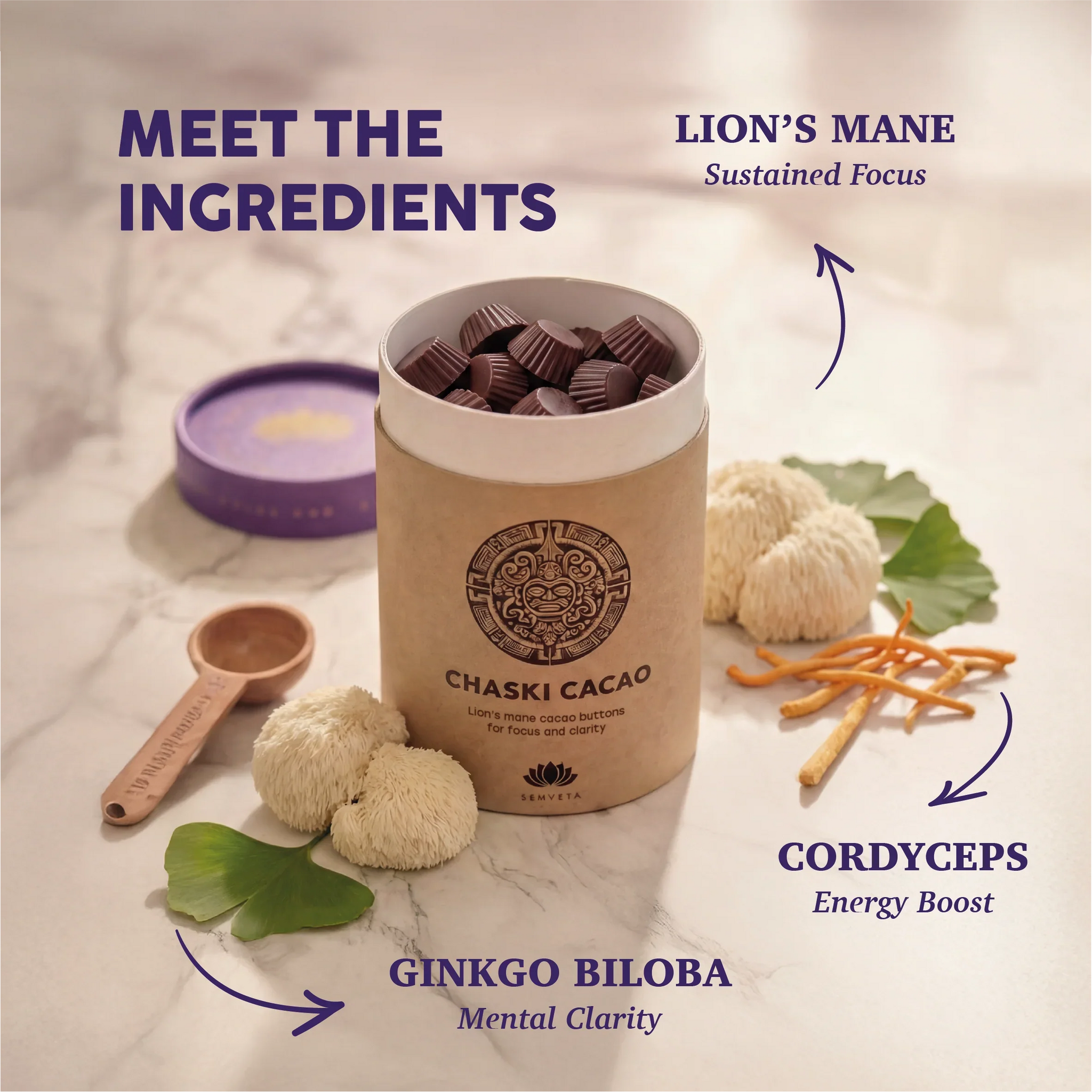 Lion's Mane, Cordyceps & Ginkgo Biloba cacao buttons for focus, energy, mental clarity