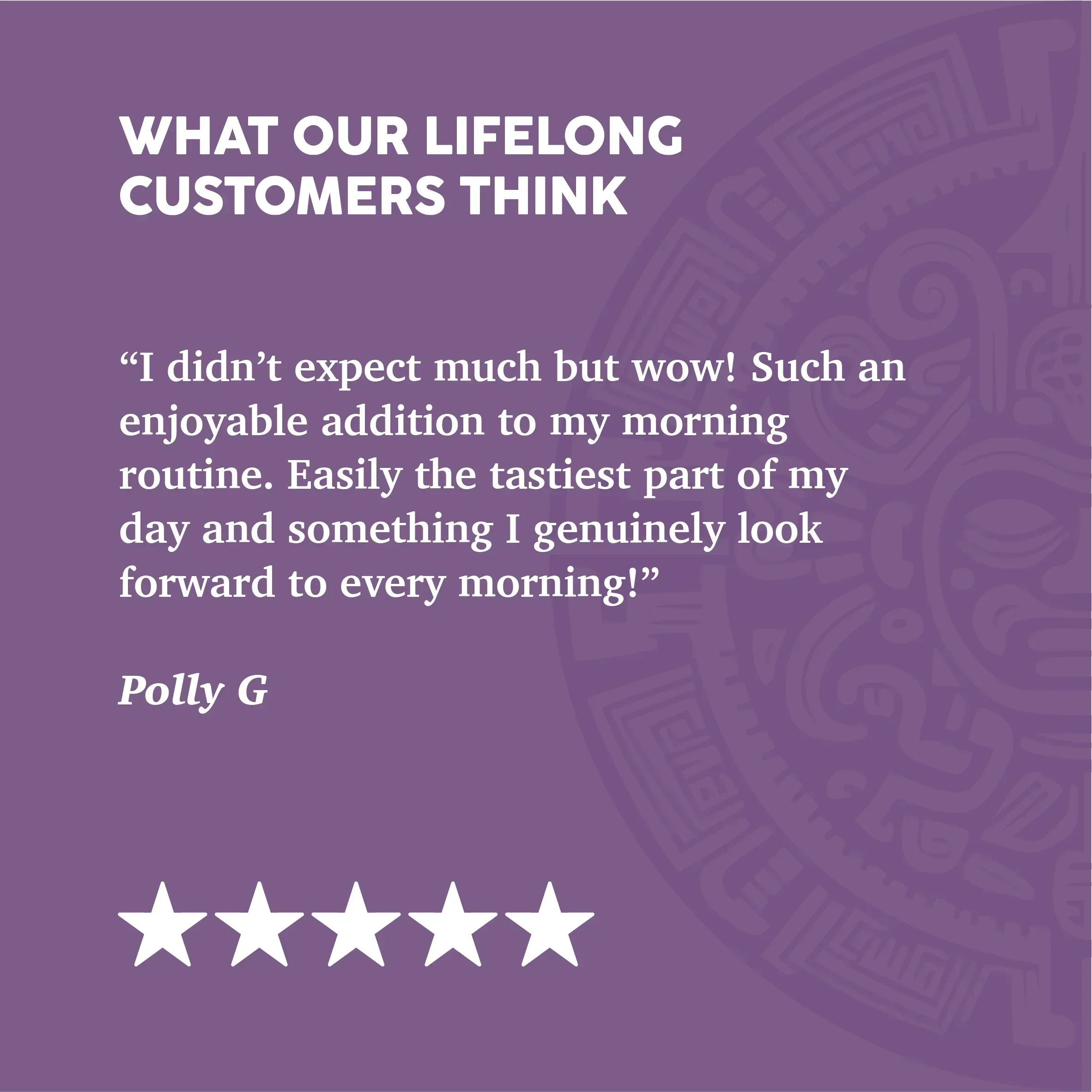 5-star customer review praising daily health supplement with lion's mane, cordyceps, ginkgo, cacao