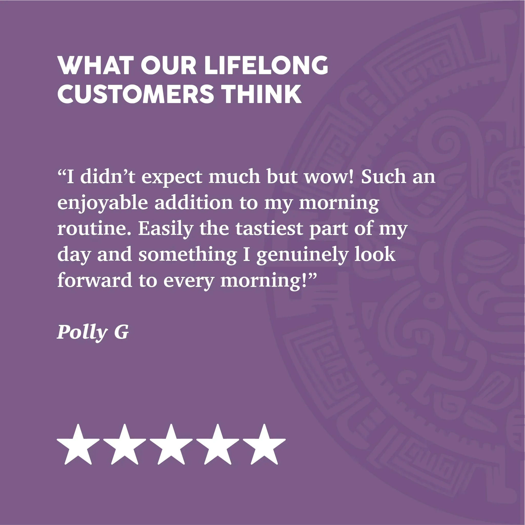 5-star customer review praising daily health supplement with lion's mane, cordyceps, ginkgo, cacao