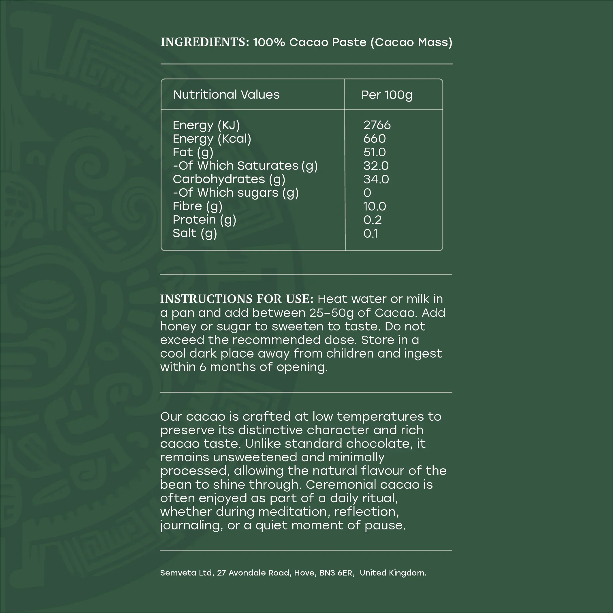 Ceremonial cacao nutrition label with ingredients, values, and usage instructions for spiritual health rituals