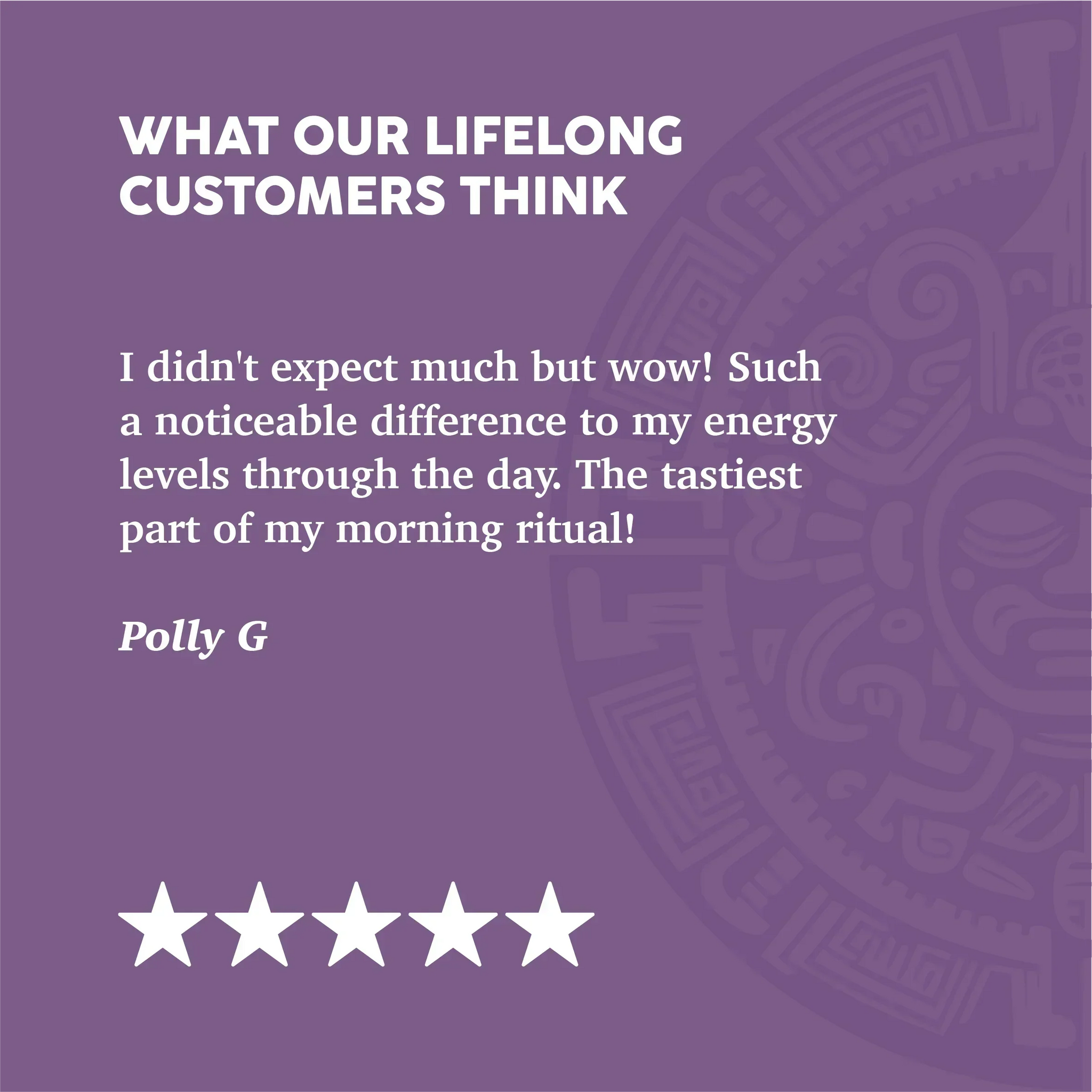 Purple background with text and five-star rating, featuring a customer review. Chaski Cacao.