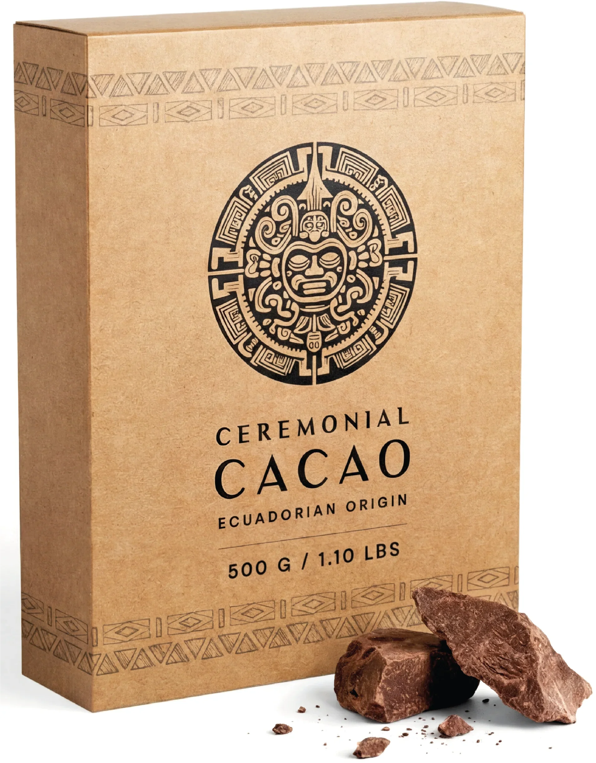 Ceremonial cacao from Ecuadorian origin, natural chocolate supplement with ancient design packaging