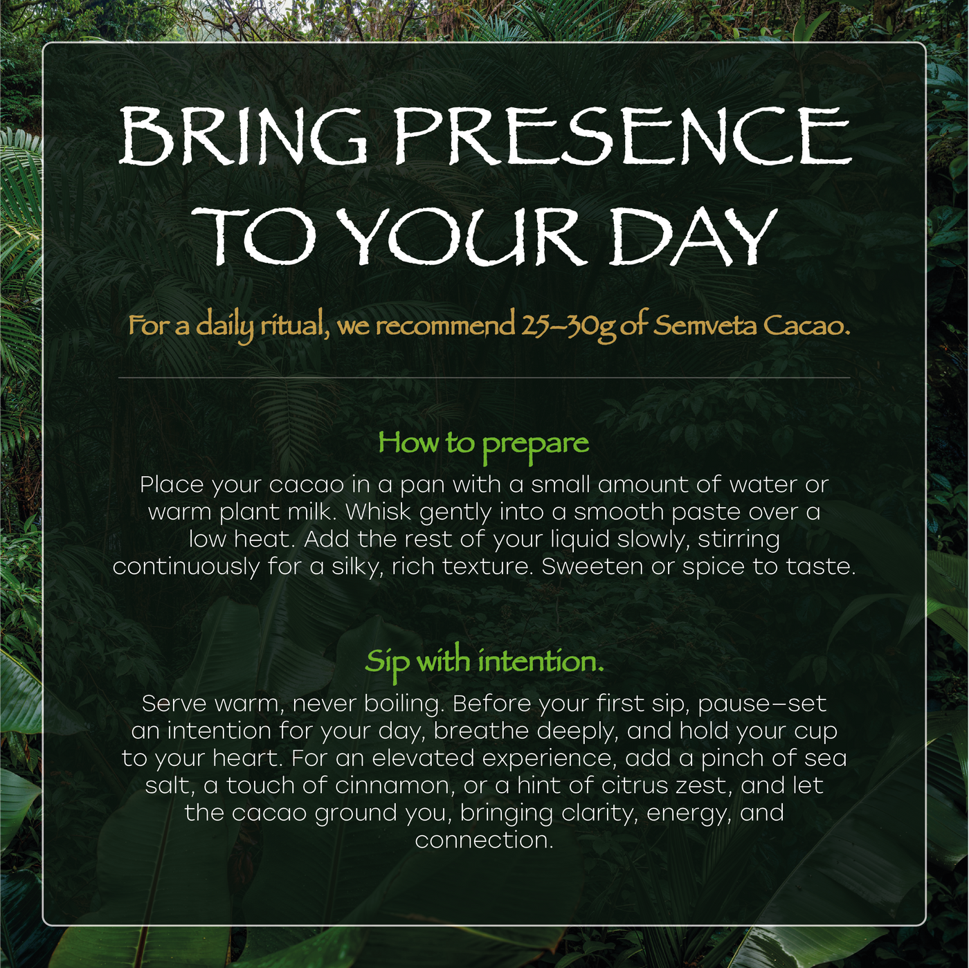 Text overlay on a dark green background with cacao preparation instructions.