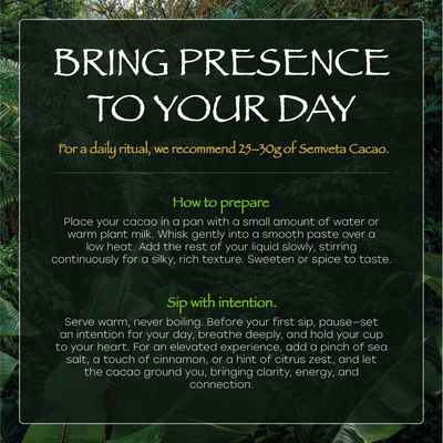 Text overlay on a dark green background with cacao preparation instructions.