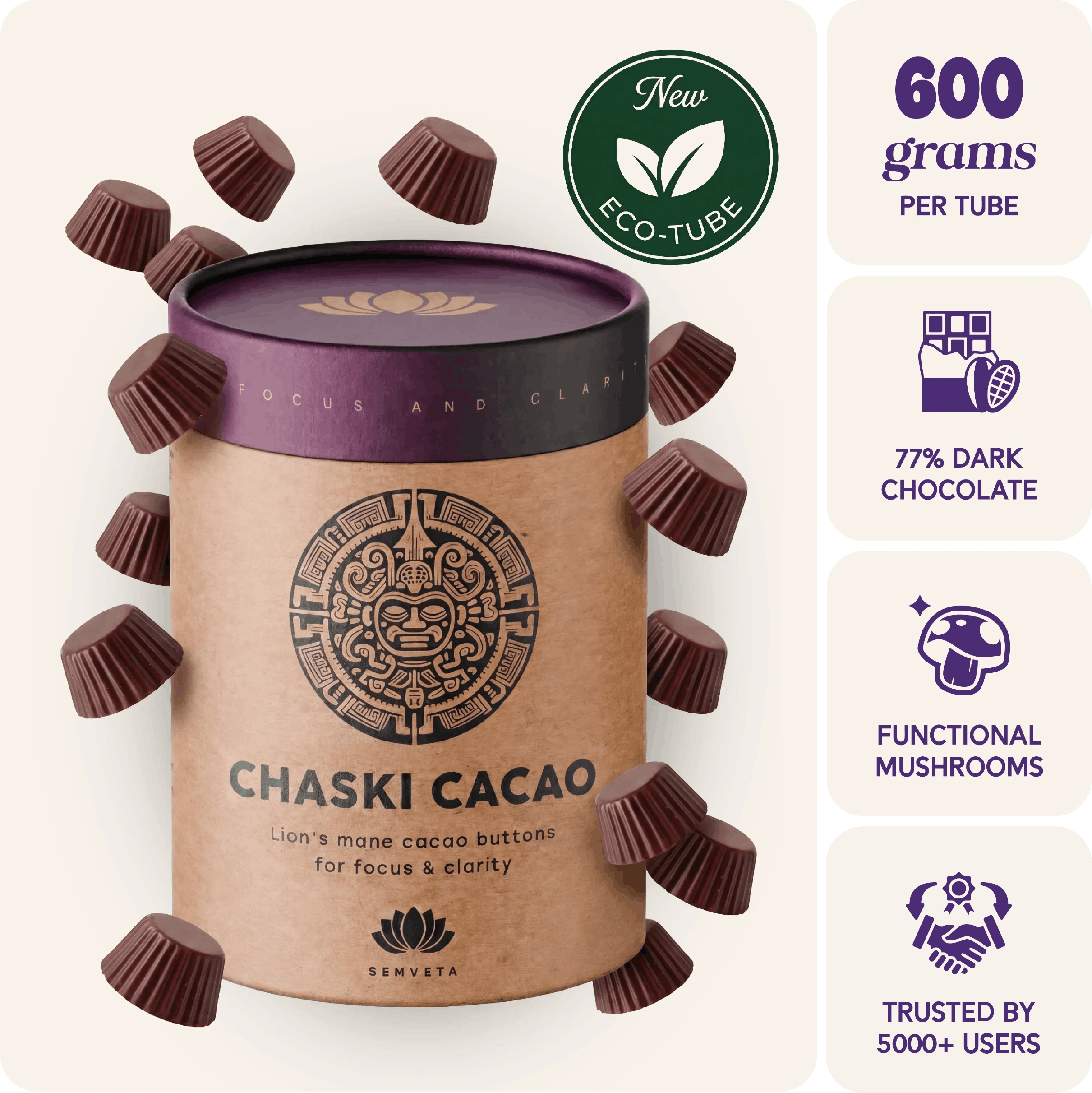 Chaski Cacao packaging with chocolate buttons and product details on a white background