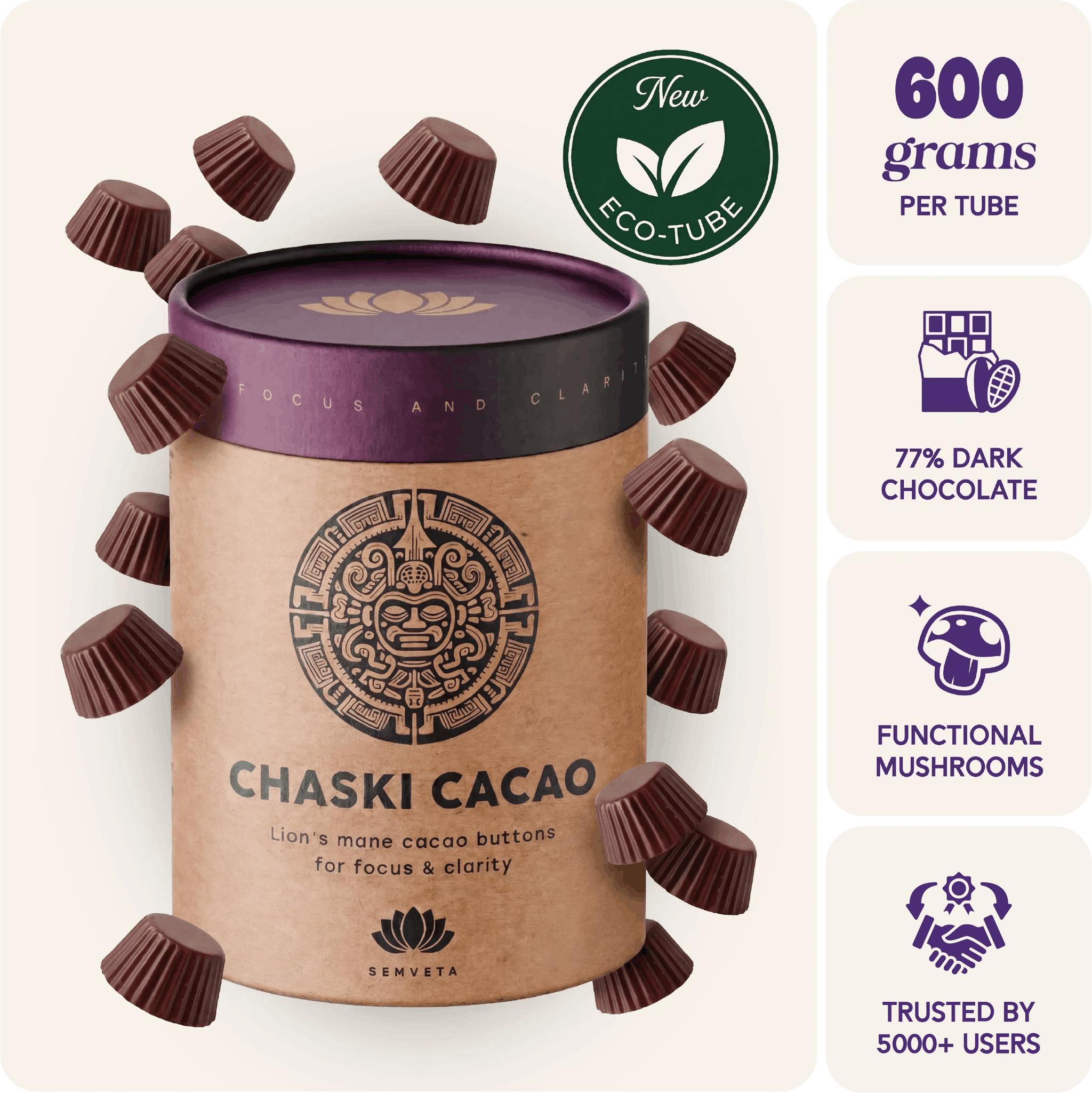 Chaski Cacao packaging with chocolate buttons and product details on a white background