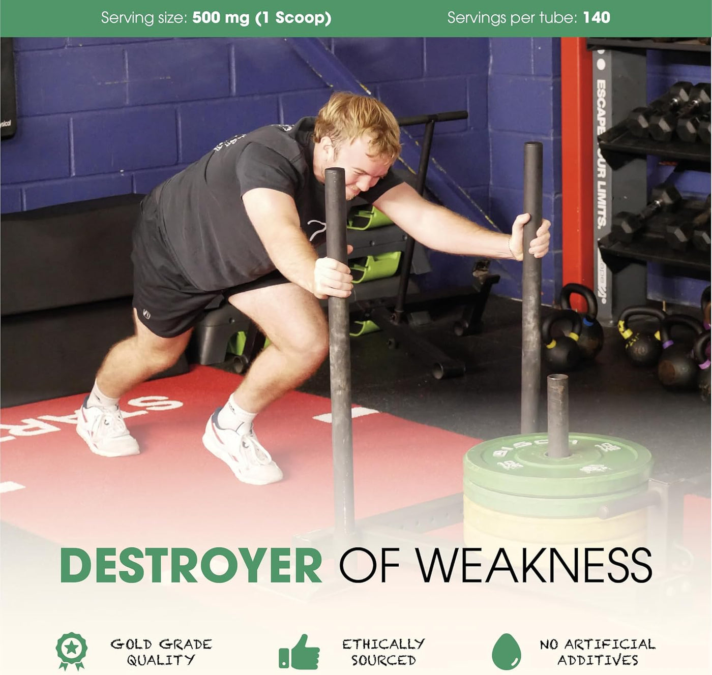 Person lifting weights with gym equipment in the background, featuring text about product attributes.