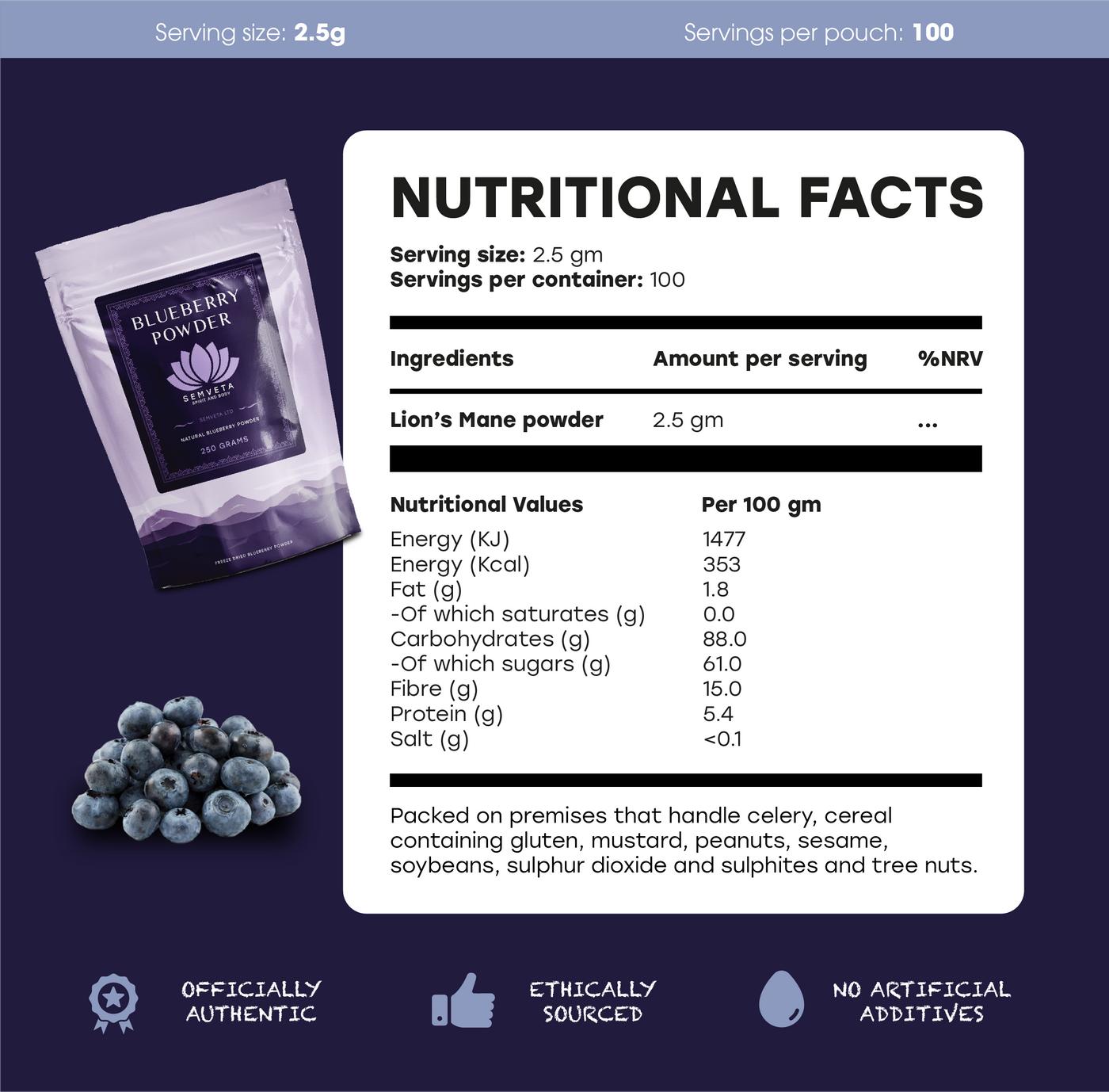 Freeze Dried Blueberry Powder (250g) - 100% Natural Bluberries - Semveta