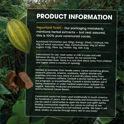 Raw Chocolate 500G - Ecuadorian Paste - Nacional Bean - Delicious Drinking- Pure Unsweetened Premium Grade