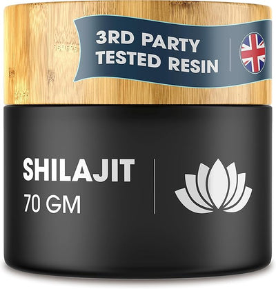 Black container of Shilajit with a bamboo lid, labeled '3rd Party Tested Resin' and 'Shilajit 70 GM'.