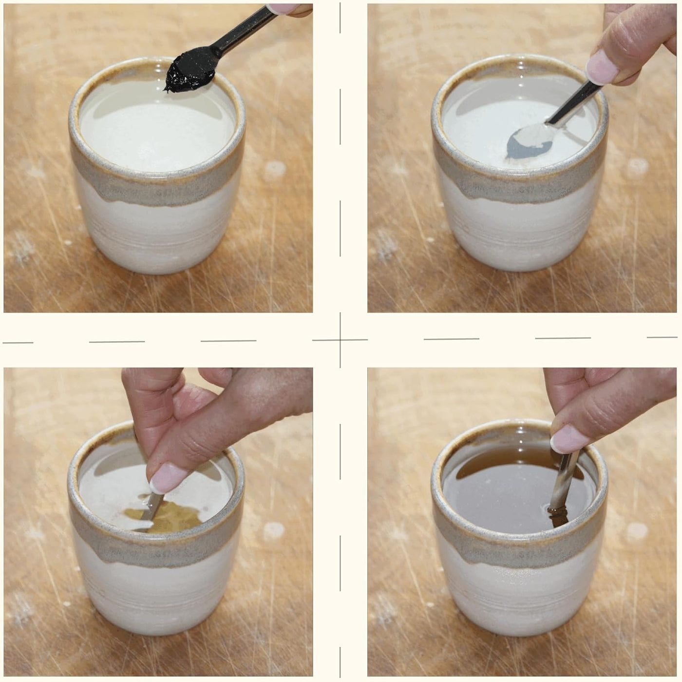 Step-by-step process of making a drink in a ceramic cup on a wooden surface.