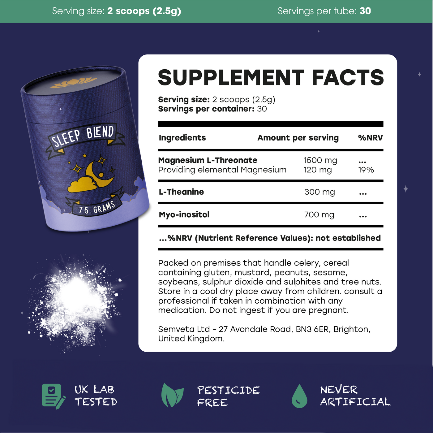 Nutritional information and supplement facts panel for magnesium based sleep remedy.