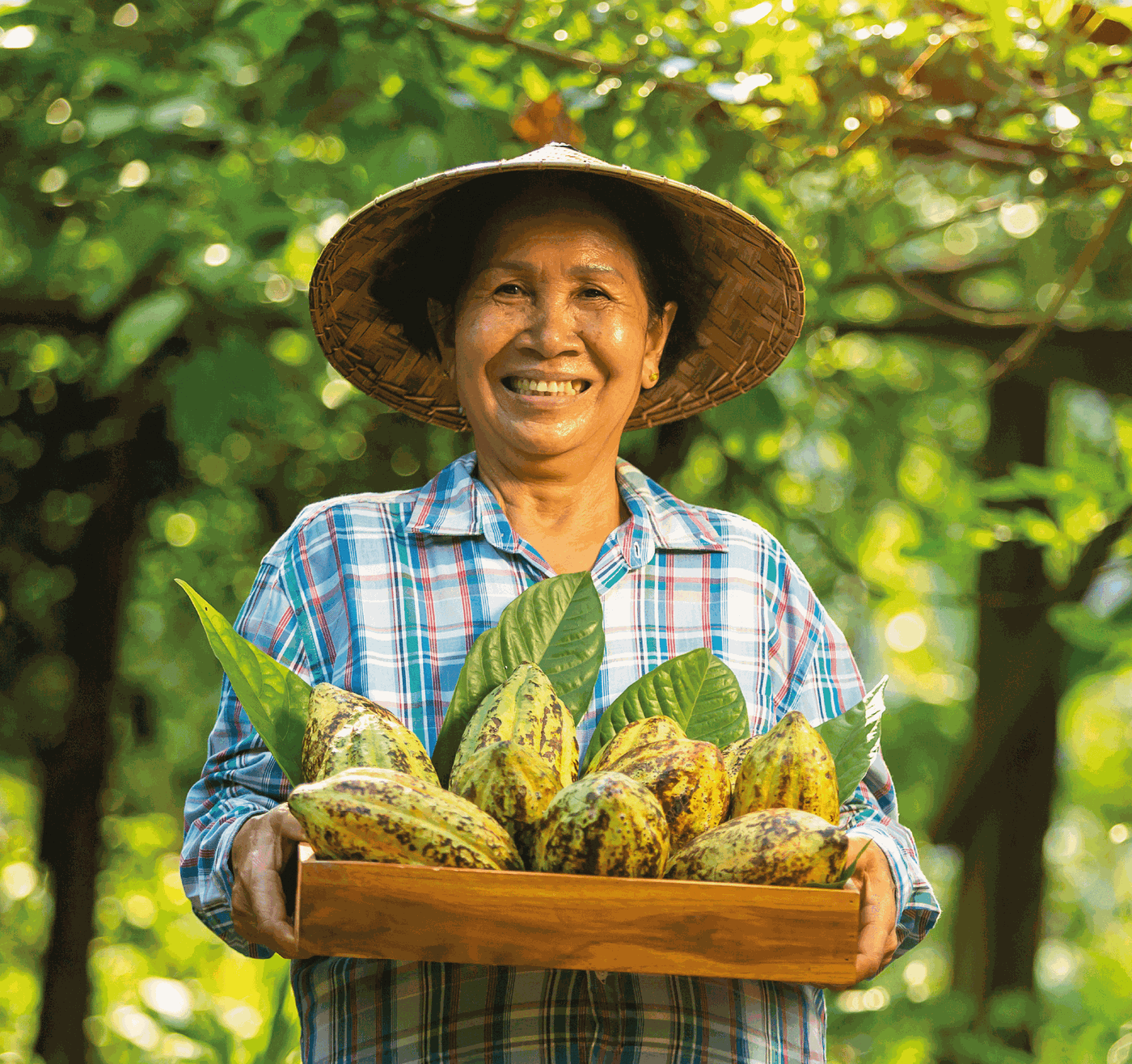 A cacao farmer carrying a crate of ripe pods